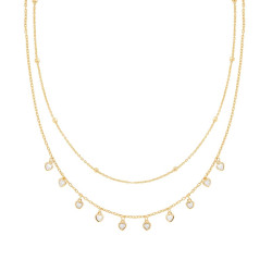 COLLANA DUE FILI CATENA FORZATINA DIAMANTATA CON CUORI CUBIC ZIRCONIA BIANCHI PENDENTI IN ARGENTO 925 GALVANICA ORO