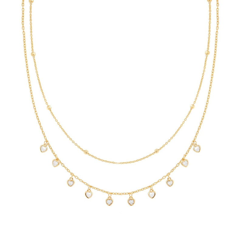 COLLANA DUE FILI CATENA FORZATINA DIAMANTATA CON CUORI CUBIC ZIRCONIA BIANCHI PENDENTI IN ARGENTO 925 GALVANICA ORO