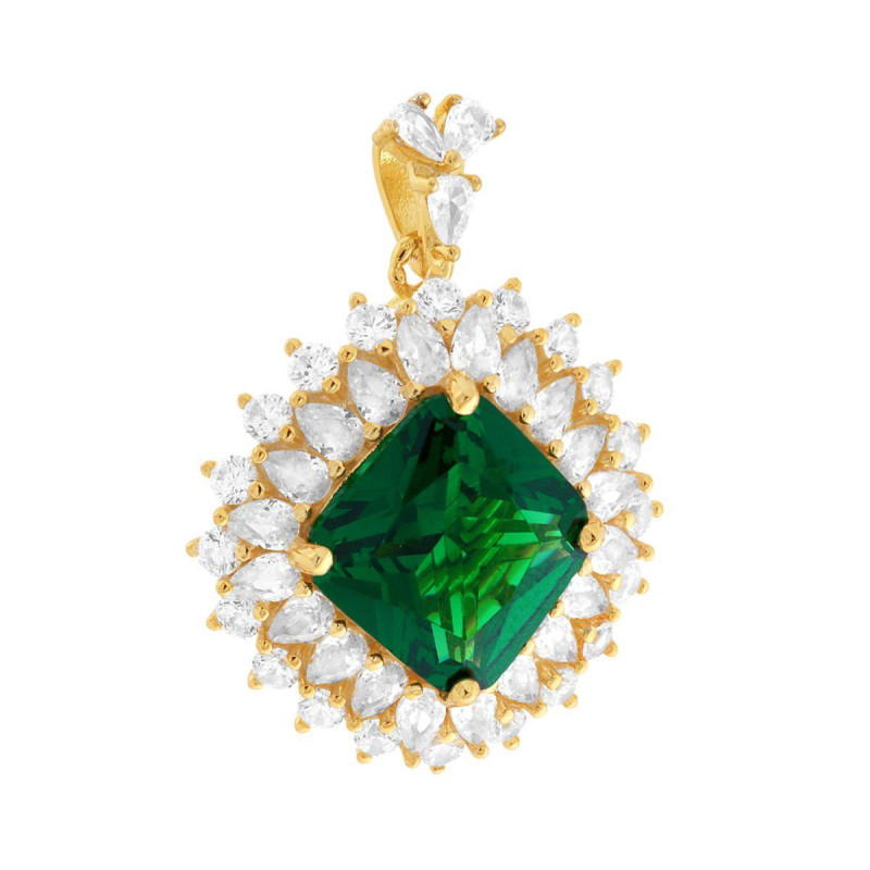CIONDOLO QUADRATO VERDE SMERALDO CONTORNATO DA CUBIC ZIRCONIA BIANCHI IN ARGENTO 925 GALVANICA ORO