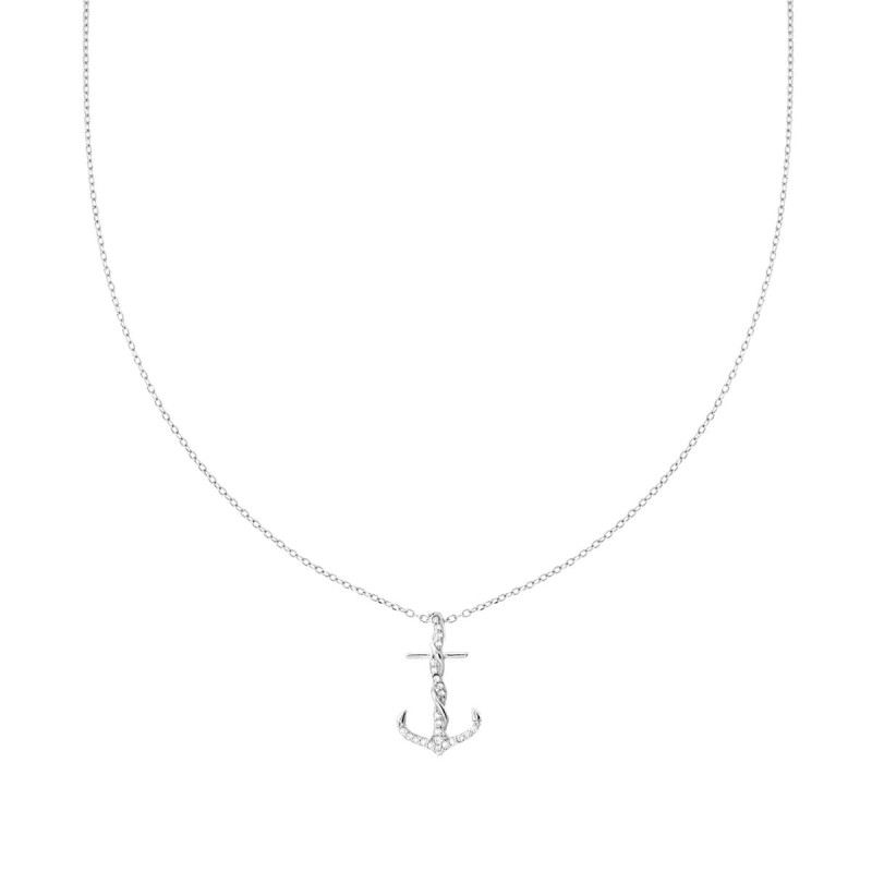 COLLANA CATENA FORZATINA DIAMANTATA CON ANCORA E CUBIC ZIRCONIA BIANCHI IN ARGENTO 925 GALVANICA RODIO