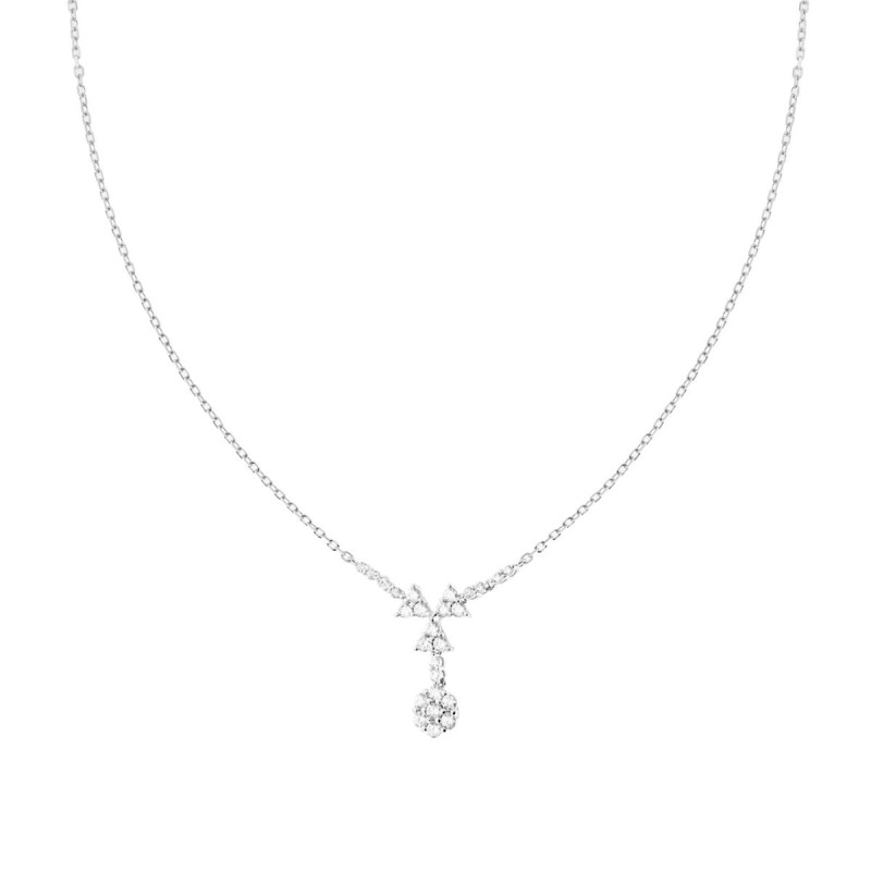 COLLANA CATENA FORZATINA DIAMANTATA CON TRIANGOLI E FIORE PENDENTI CON CUBIC ZIRCONIA BIANCHI IN ARGENTO 925 GALVANICA RODIO