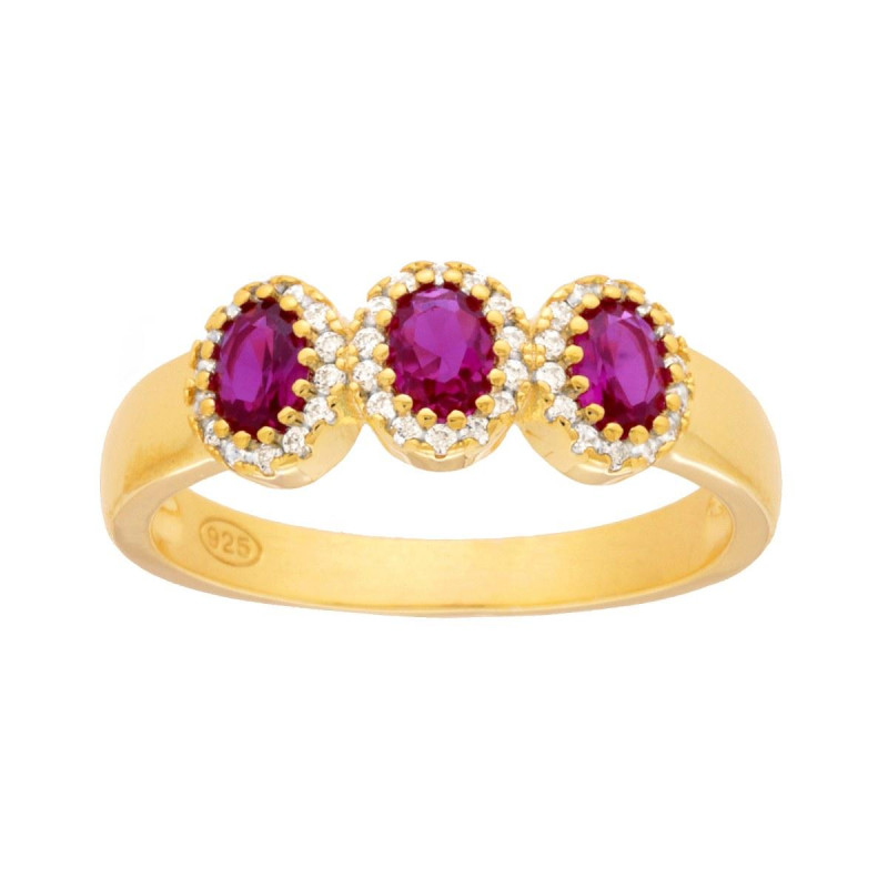 ANELLO TRILOGY ROSSO RUBINO CONTORNATI CON CUBIC ZIRCONIA BIANCHI IN ARGENTO 925 GALVANICA ORO