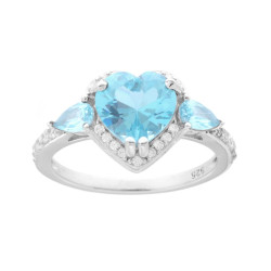 ANELLO CUORE ACQUAMARINA CONTORNATO CON CUBIC ZIRCONIA BIANCHI IN ARGENTO 925 GALVANICA RODIO