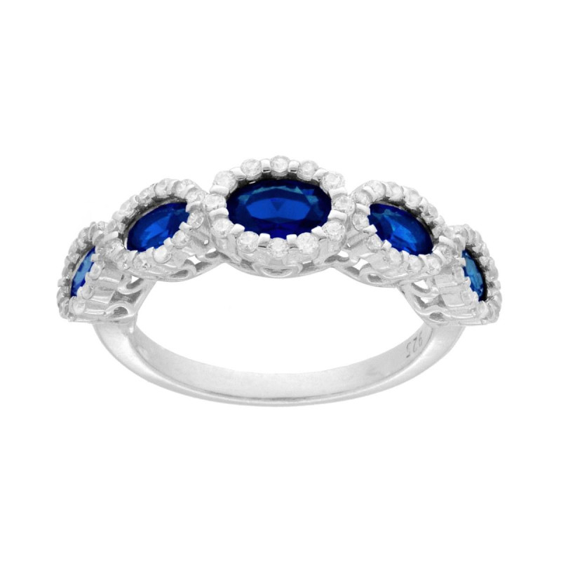 ANELLO VERETTA CON OVALI DEGRADE BLU ZAFFIRO CONTORNATI CON CUBIC ZIRCONIA BIANCHI IN ARGENTO 925 GALVANICA RODIO