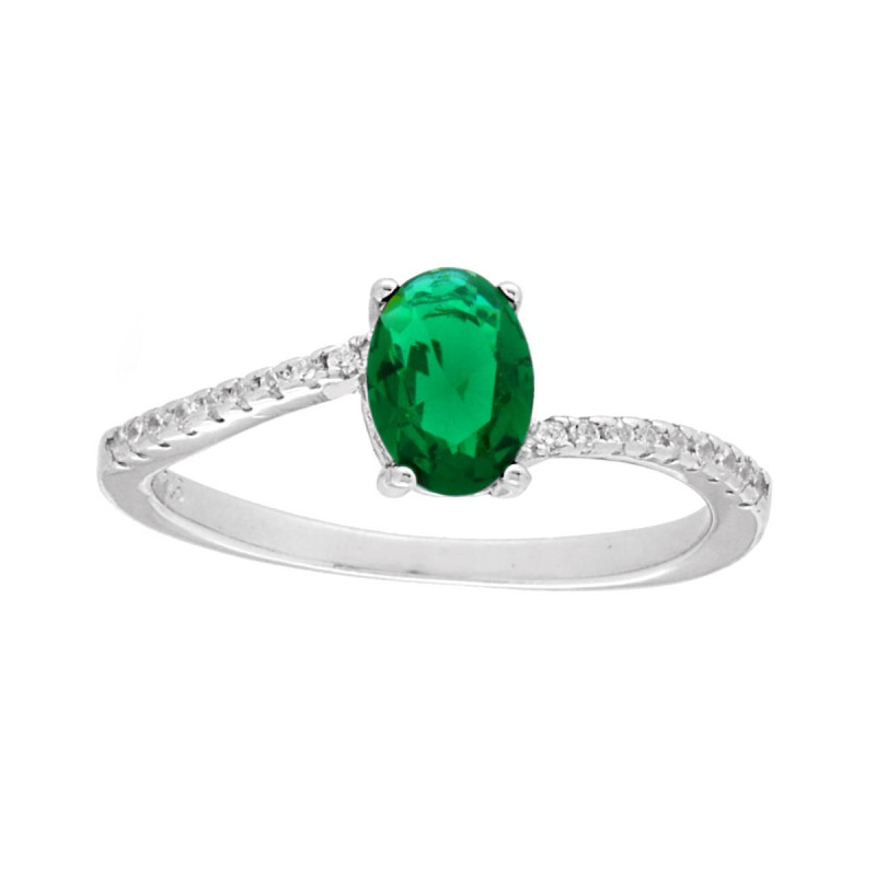 ANELLO SOLITARIO CON OVALE VERDE SMERALDO CON CUBIC ZIRCONIA BIANCHI IN ARGENTO 925 GALVANICA RODIO