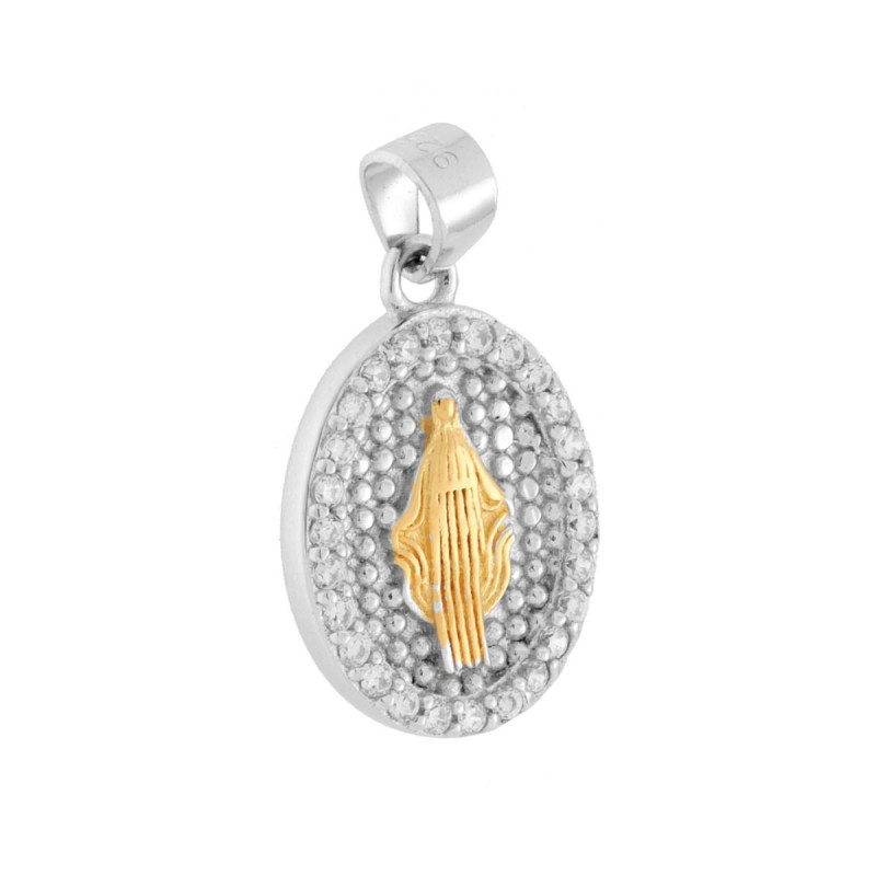 CIONDOLO MEDAGLIA OVALE MADONNA MIRACOLOSA CON CUBIC ZIRCONIA BIANCHI 10X13 MM IN ARGENTO 925 GALVANICA RODIO E ORO