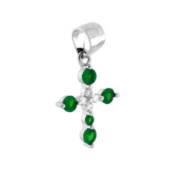 CIONDOLO CROCE CON CUBIC ZIRCONIA VERDE SMERALDO E BIANCHI IN ARGENTO 925 GALVANICA RODIO