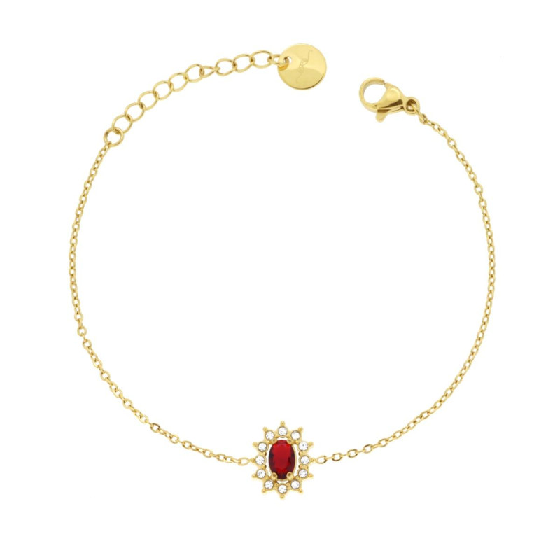 BRACCIALE FORZATINA DIAMANTATA CON OVALE ROSSO RUBINO CONTORNATO DA CRYSTAL BIANCHI IN ACCIAIO COLORE ORO