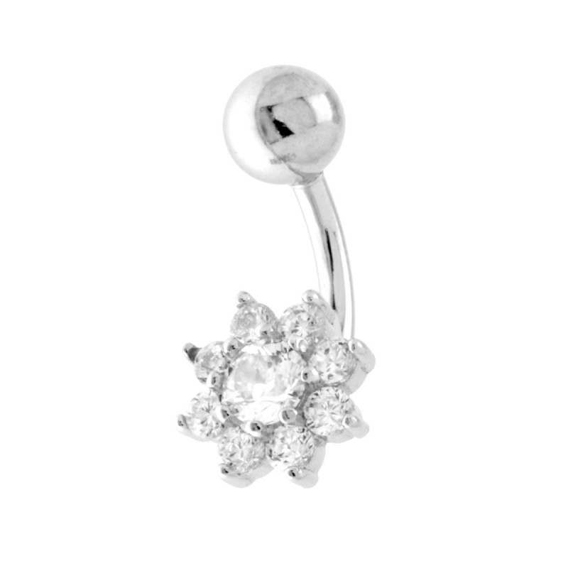 BODY PIERCING BANANA IN ACCIAIO CON ACCESSORIO FIORE CON CUBIC ZIRCONIA BIANCHI IN ARGENTO 925 GALVANICA RODIO
