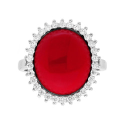 ANELLO OVALE CORALLO CONTORNATO CON CUBIC ZIRCONIA BIANCHI IN ARGENTO 925 GALVANICA RODIO