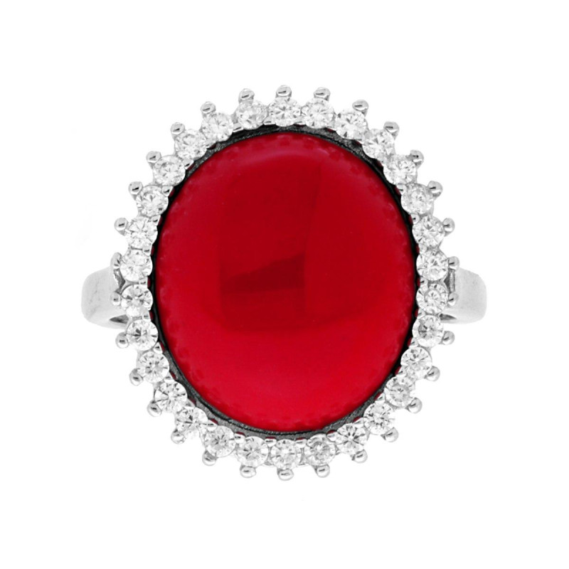 ANELLO OVALE CORALLO CONTORNATO CON CUBIC ZIRCONIA BIANCHI IN ARGENTO 925 GALVANICA RODIO