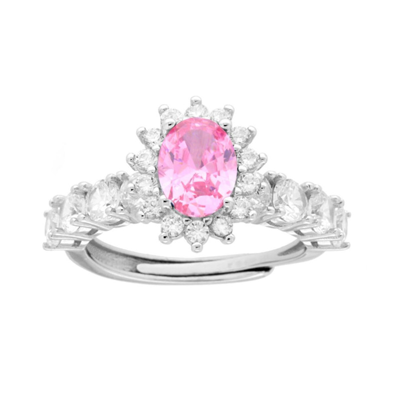 ANELLO HALO VERETTA OVALE ROSA CONTORNATO CON CUBIC ZIRCONIA BIANCHI IN ARGENTO 925 GALVANICA RODIO