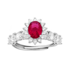 ANELLO HALO VERETTA OVALE ROSSO RUBINO CONTORNATO CON CUBIC ZIRCONIA BIANCHI IN ARGENTO 925 GALVANICA RODIO