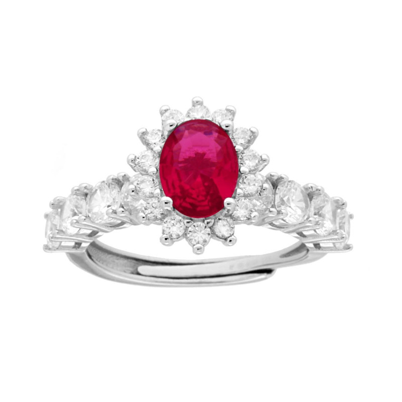ANELLO HALO VERETTA OVALE ROSSO RUBINO CONTORNATO CON CUBIC ZIRCONIA BIANCHI IN ARGENTO 925 GALVANICA RODIO