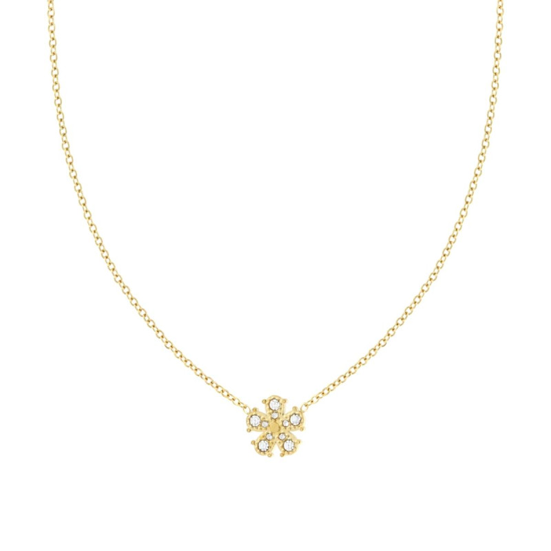 COLLANA CATENA FORZATINA DIAMANTATA CON FIORE E CRYSTAL BIANCHI IN ACCIAIO COLORE ORO