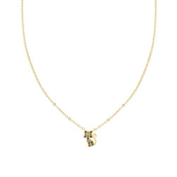 COLLANA CATENA FORZATINA DIAMANTATA CON GATTO E CRYSTAL MULTICOLOR IN ACCIAIO COLORE ORO
