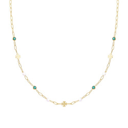 COLLANA CATENA FORZATINA DIAMANTATA CON TONDI VERDE SMERALDO CUBIC ZIRCONIA QUADRIFOGLI PLAIN E PERLE IN ARGENTO 925 GALVANICA O