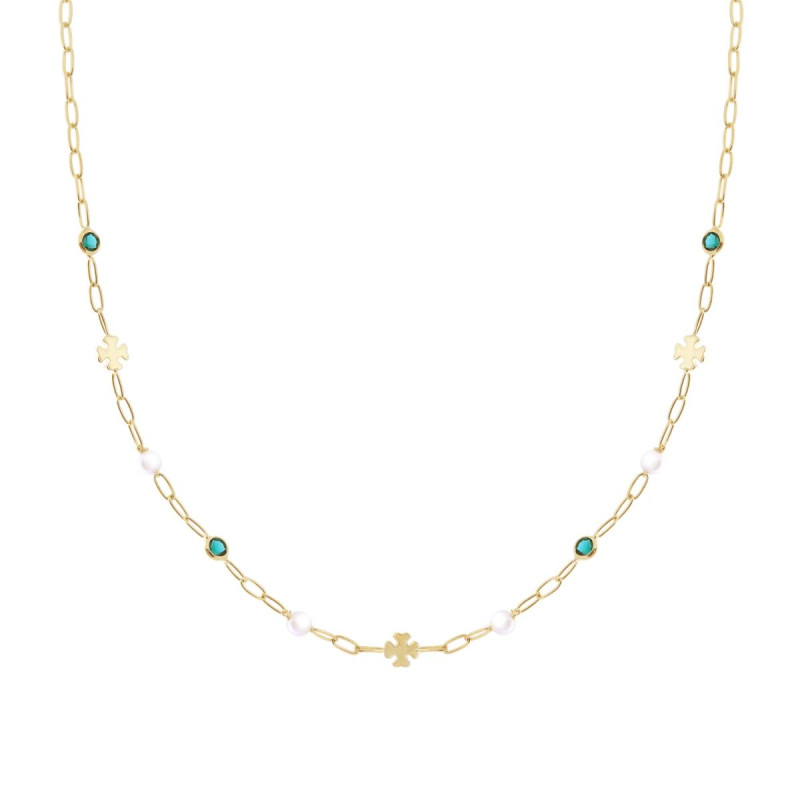 COLLANA CATENA FORZATINA DIAMANTATA CON TONDI VERDE SMERALDO CUBIC ZIRCONIA QUADRIFOGLI PLAIN E PERLE IN ARGENTO 925 GALVANICA O