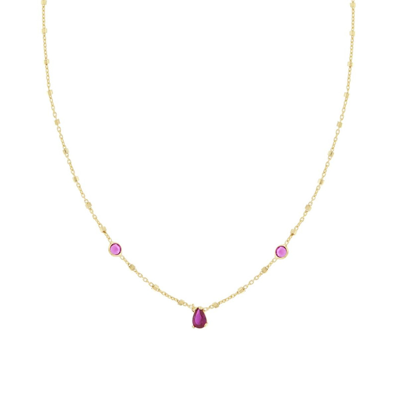 COLLANA CATENA FORZATINA E CUBETTI DIAMANTATI CON CUBIC ZIRCONIA TONDI E GOCCIA ROSSO RUBINO IN ARGENTO 925 GALVANICA ORO