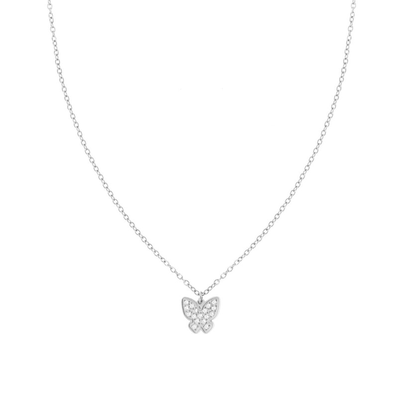 COLLANA CATENA FORZATINA CON FARFALLA E CRYSTAL BIANCHI IN ACCIAIO