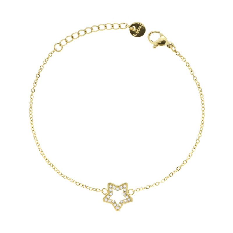 BRACCIALE CATENA FORZATINA DIAMANTATA CON STELLA E CRYSTAL BIANCHI IN ACCIAIO COLORE ORO