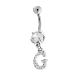 BODY PIERCING BANANA CON PUNTO LUCE E LETTERA PENDENTE CUBIC ZIRCONIA BIANCHI N ACCIAIO CHIRURGICO