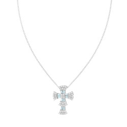 COLLANA CATENA FORZATINA DIAMANTATA CROCE CON CUBIC ZIRCONIA TRAPEZIO ACQUAMARINA E CUBIC ZIRCONIA BIANCHI IN ARGENTO 925 GALVAN