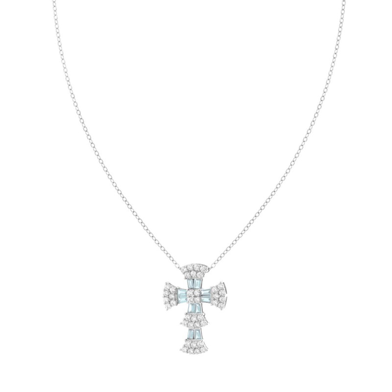 COLLANA CATENA FORZATINA DIAMANTATA CROCE CON CUBIC ZIRCONIA TRAPEZIO ACQUAMARINA E CUBIC ZIRCONIA BIANCHI IN ARGENTO 925 GALVAN