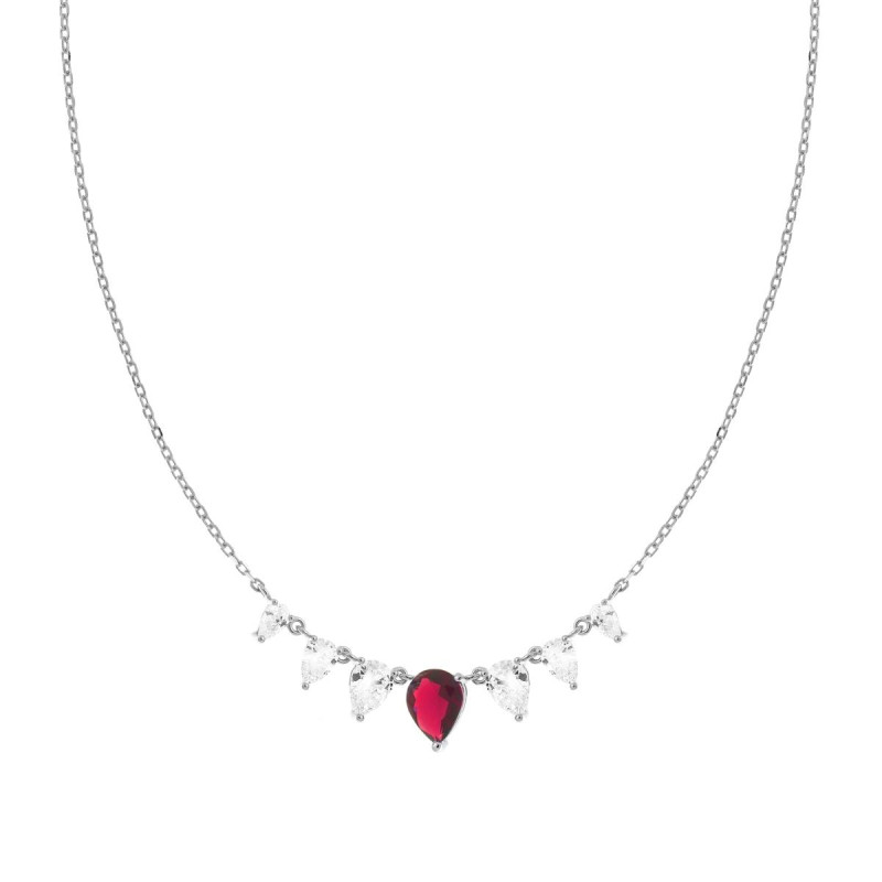 COLLANA CATENA FORZATINA DIAMANTATA CON GOCCE CUBIC ZIRCONIA ROSSO RUBINO E BIANCHI IN ARGENTO 925 GALVANICA RODIO