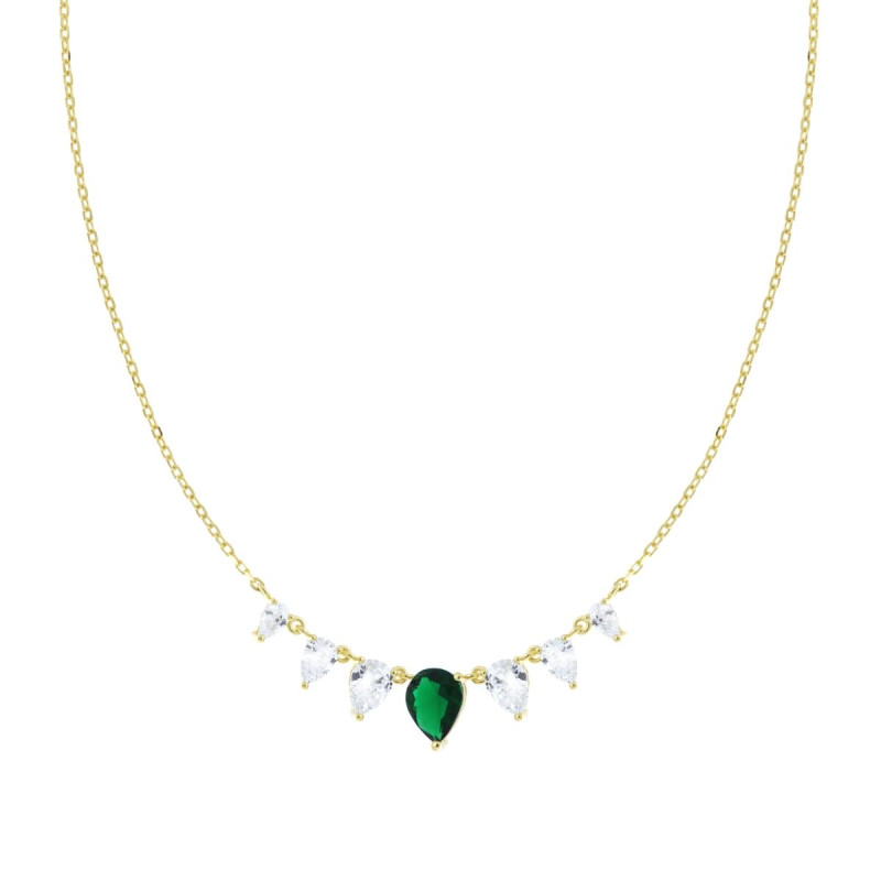 COLLANA CATENA FORZATINA DIAMANTATA CON GOCCE CUBIC ZIRCONIA VERDE SMERALDO E BIANCHI IN ARGENTO 925 GALVANICA ORO