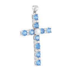 CIONDOLO CROCE CON CUBIC ZIRCONIA ACQUAMARINA BIANCHI E PERLA IN ARGENTO 925 GALVANICA RODIO