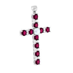 CIONDOLO CROCE CON CUBIC ZIRCONIA ROSSO RUBINO BIANCHI E PERLA IN ARGENTO 925 GALVANICA RODIO
