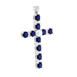 CIONDOLO CROCE CON CUBIC ZIRCONIA BLU ZAFFIRO BIANCHI E PERLA IN ARGENTO 925 GALVANICA RODIO