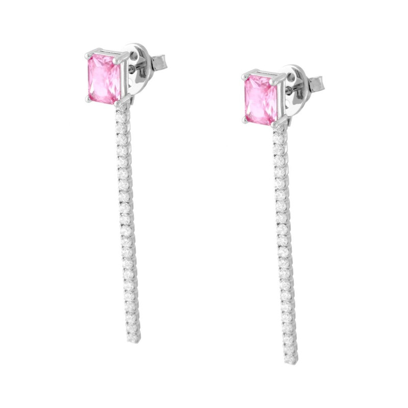 ORECCHINI PUNTO LUCE BAGUETTE ROSA E TENNIS PENDENTE CON CUBIC ZIRCONIA BIANCHI IN ARGENTO 925 GALVANICA RODIO
