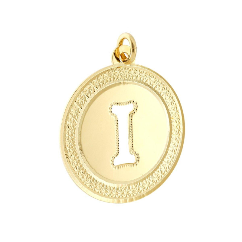 CIONDOLO TONDO MM 45 DIAMANTATO CON LETTERA INIZIALE NOME I TRAFORATA IN ACCIAIO COLORE ORO