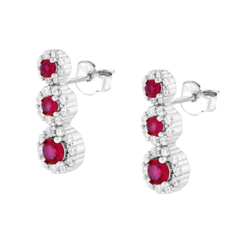 ORECCHINI TRILOGY DEGRADE FIORI ROSSO RUBINO CONTORNATI DA CUBIC ZIRCONIA BIANCHI IN ARGENTO 925 GALVANICA RODIO