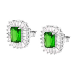 ORECCHINI RETTANGOLARI CUBIC ZIRCONIA VERDE SMERALDO CONTORNATO DA CUBIC ZIRCONIA TRAPEZIO BIANCHI IN ARGENTO 925 GALVANIC RHODI