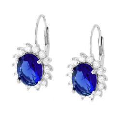 ORECCHINI MONACHELLA CON OVALE BLU ZAFFIRO CONTORNATO DA CUBIC ZIRCONIA BIANCHI IN ARGENTO 925 GALVANICA RODIO