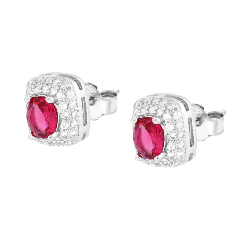 ORECCHINI RETTANGOLARI CUBIC ZIRCONIA OVALE ROSSO RUBINO CONTORNATO DA CUBIC ZIRCONIA BIANCHI IN ARGENTO 925 GALVANICA RODIO