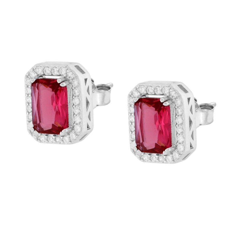 ORECCHINI RETTANGOLARI CUBIC ZIRCONIA ROSSO RUBINO CONTORNATO DA CUBIC ZIRCONIA BIANCHI IN ARGENTO 925 GALVANICA RODIO