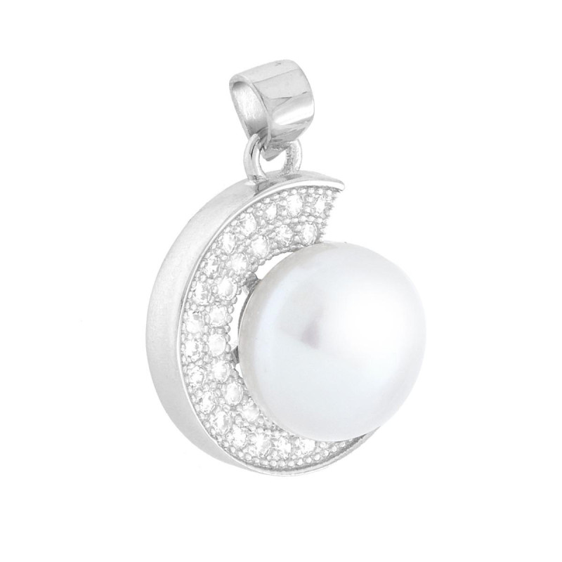 CIONDOLO PERLA VETRO PERLATO CONTORNATA DA CUBIC ZIRCONIA BIANCHI IN ARGENTO 925 GALVANICA RODIO