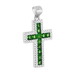 CIONDOLO CROCE CON CUBIC ZIRCONIA CARRE VERDE SMERALDO CONTORNATI DA CUBIC ZIRCONIA BIANCHI IN ARGENTO 925 GALVANICA RODIO