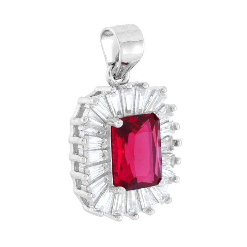 CIONDOLO RETTANGOLARE CUBIC ZIRCONIA ROSSO RUBINO CONTORNATO DA CUBIC ZIRCONIA TRAPEZIO BIANCHI IN ARGENTO 925 GALVANICA RODIO