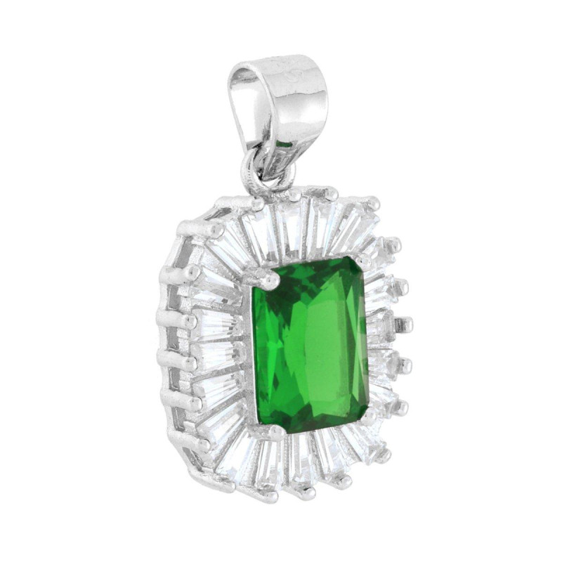 CIONDOLO RETTANGOLARE CUBIC ZIRCONIA VERDE SMERALDO CONTORNATO DA CUBIC ZIRCONIA TRAPEZIO BIANCHI IN ARGENTO 925 GALVANICA RODIO
