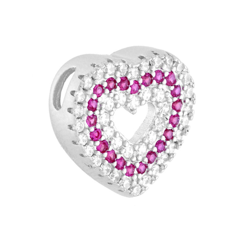 CIONDOLO CUORE PASSANTE CUBIC ZIRCONIA ROSSO RUBINO CONTORNATO DA CUBIC ZIRCONIA BIANCHI IN ARGENTO 925 GALVANICA RODIO
