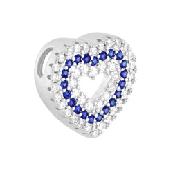 CIONDOLO CUORE PASSANTE CUBIC ZIRCONIA BLU ZAFFIRO CONTORNATO DA CUBIC ZIRCONIA BIANCHI IN ARGENTO 925 GALVANICA RODIO