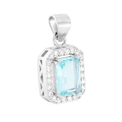 CIONDOLO RETTANGOLARE CUBIC ZIRCONIA ACQUAMARINA CONTORNATO DA CUBIC ZIRCONIA BIANCHI IN ARGENTO 925 GALVANICA RODIO