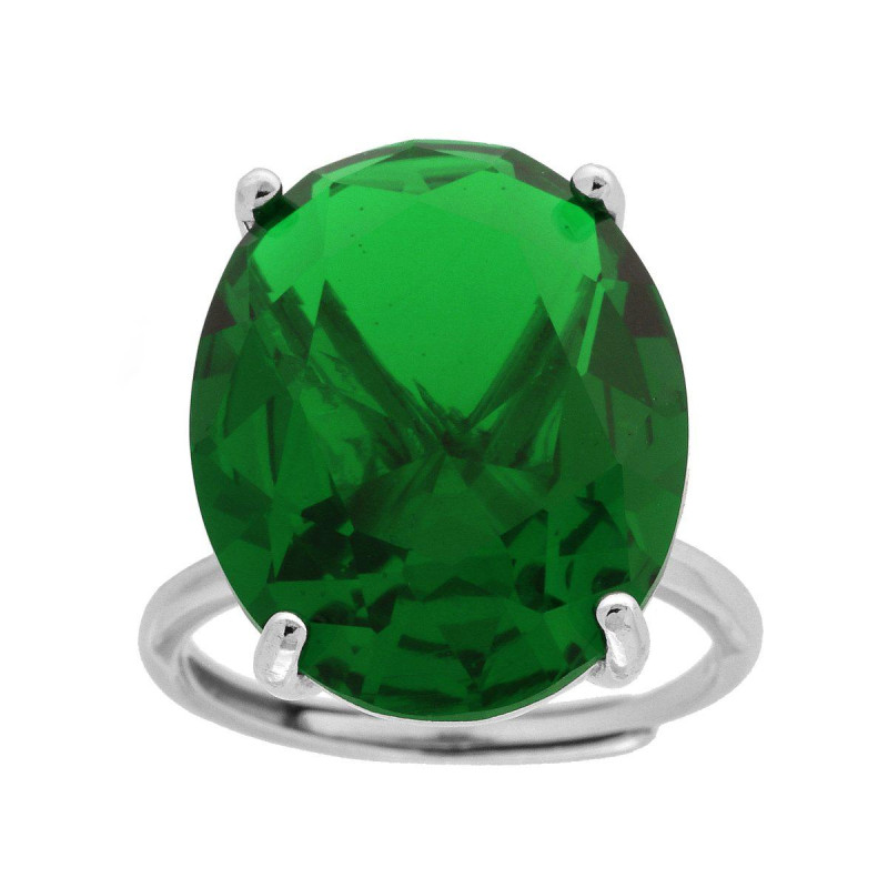 ANELLO SOLITARIO OVALE VERDE SMERALDO CUBIC ZIRCONIA IN ARGENTO 925 GALVANICA RODIO