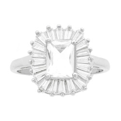 ANELLO SOLITARIO RETTANGOLARE CUBIC ZIRCONIA BIANCO CONTORNATO DA CUBIC ZIRCONIA TRAPEZIO BIANCHI IN ARGENTO 925 GALVANICA RODIO