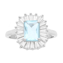 ANELLO SOLITARIO RETTANGOLARE CUBIC ZIRCONIA ACQUAMARINA CONTORNATO DA CUBIC ZIRCONIA TRAPEZIO BIANCHI IN ARGENTO 925 GALVANICA 